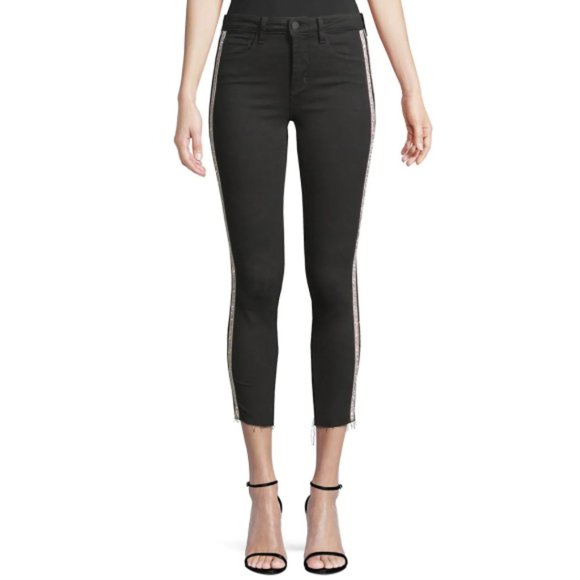 L'AGENCE Denim - *SOLD* L'AGENCE Margot Rhinestone Crystal-Stripe High-Rise Skinny Jeans, Noir